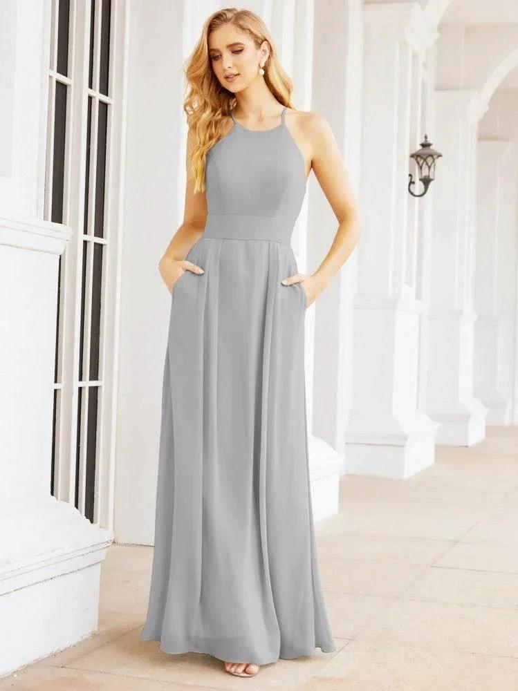 Numbersea Halter Bridesmaid Dresses with Pockets Sleeveless Formal Evening Party Prom Gowns 28055 by numbersea