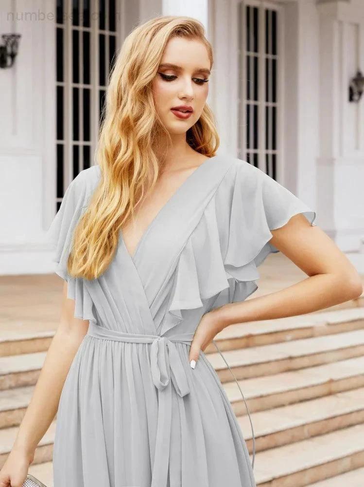 ZapDress Women's Open Back Formal Evening Party Prom Gowns V-Neck Long Chiffon Bridesmaid Dresses with Waist Belt 28038 (ZD17000)