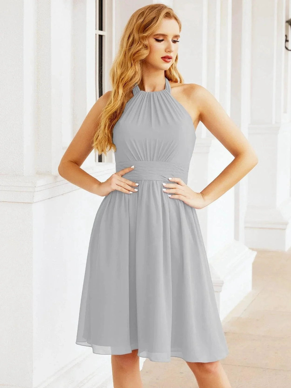ZapDress Halter Chiffon Bridesmaid Dresses Short Sleeveless Formal Party Dress Open Back 28023 (ZD16957)