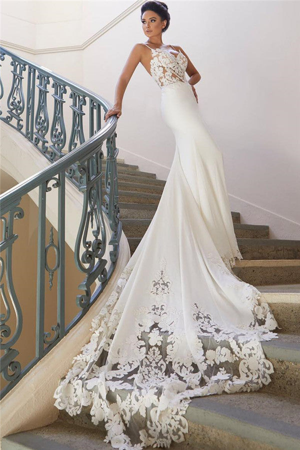 Bmbridal Spaghetti-Straps Lace Wedding Dress Mermaid Sleeveless (ZD17410)