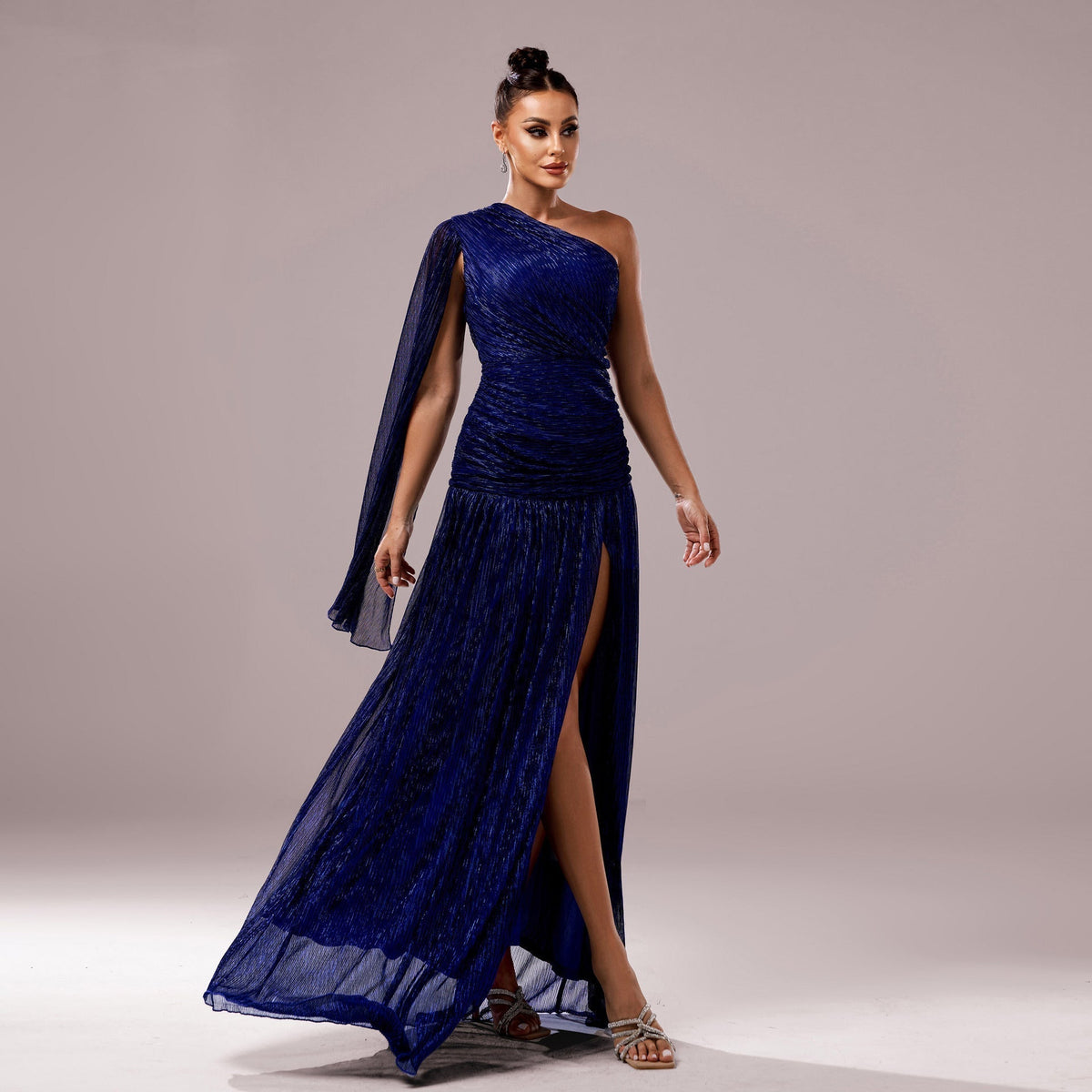 One-Shoulder Long Sleeve Slit Gown - Elegant Evening Dress - View 2 | VelvetHem
