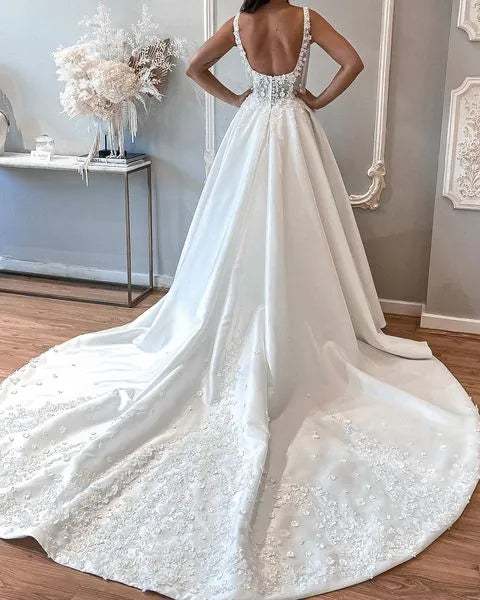 Pretty V Neck Floral Pearls A-line Wedding Dress Spaghetti Strap Flowers Satin Bridal Dresses Side Slit Backless Wedding Gowns