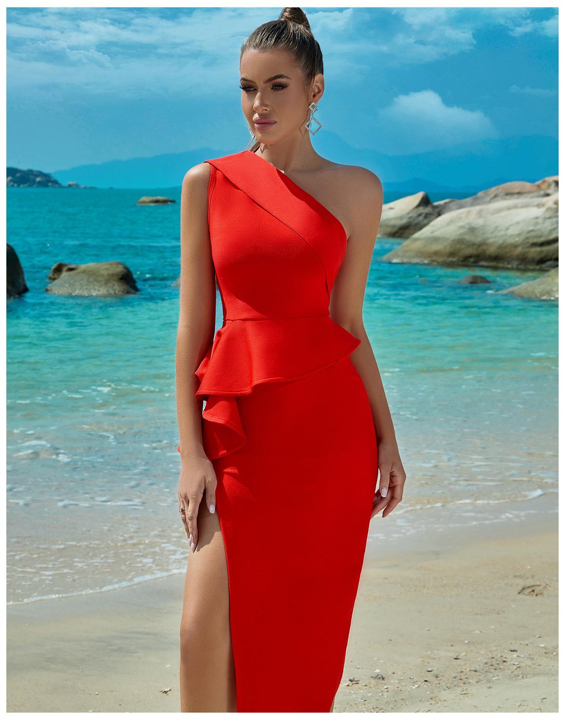 Bandage Dress Evening Dress - One Shoulder Ruffled Slit Party Dress for Summer - VelvetHem