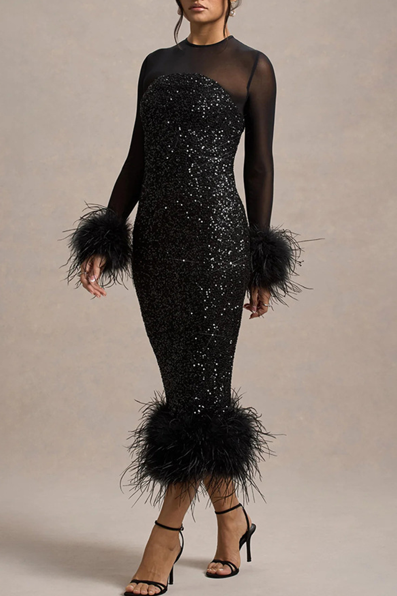 Sexy Party Sequins Feather Trim O Neck Evening Dresses - View 6 | VelvetHem