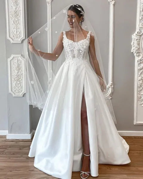 Pretty V Neck Floral Pearls A-line Wedding Dress Spaghetti Strap Flowers Satin Bridal Dresses Side Slit Backless Wedding Gowns