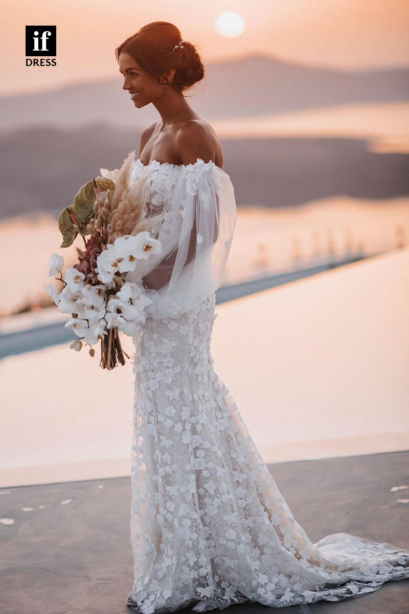 31572 - Attractive Off-Shoulder Long Sleeves Lace Appliques Wedding Dress