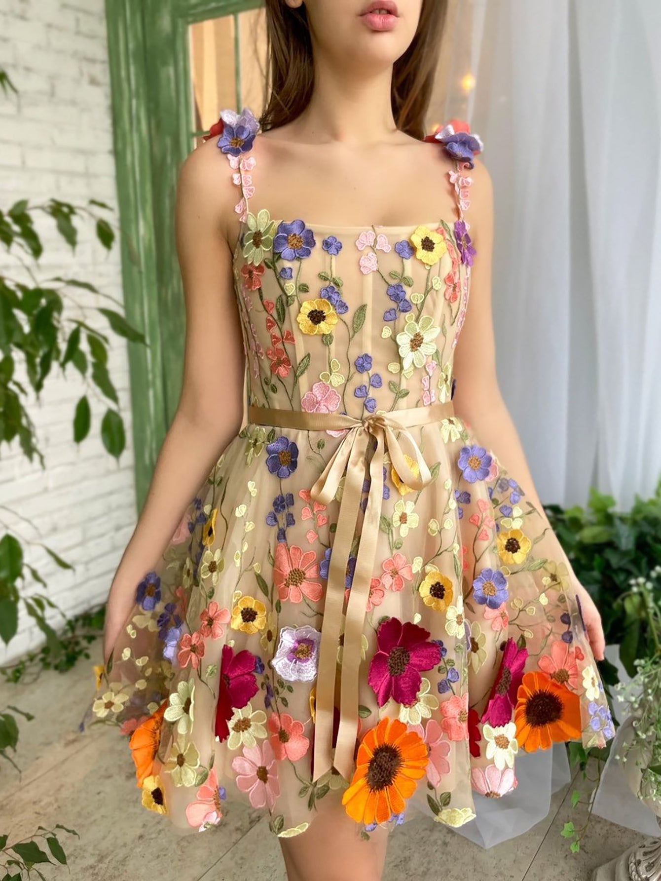 A Line Floral Beige Short Homecoming Dress With 3D Flowers - Fashionpara