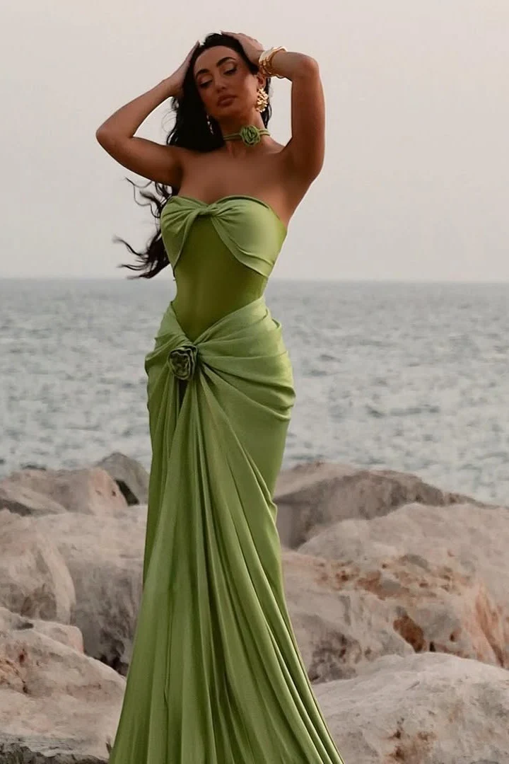Modest Mermaid Sweetheart Sage Green Long Satin Prom & Evening Dress - View 5 | FashionDia