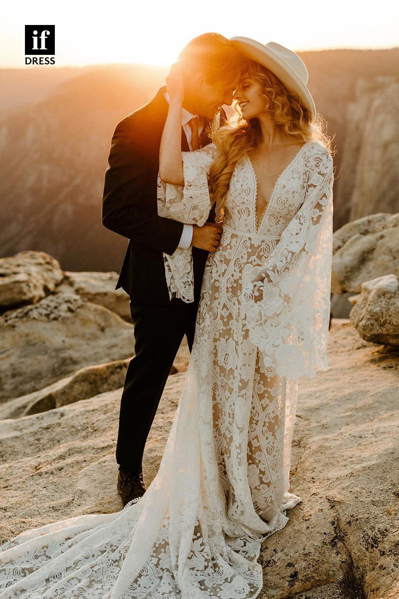 31563 - Illusion Long Sleeves V-Neck Lace Formal Wedding Dress