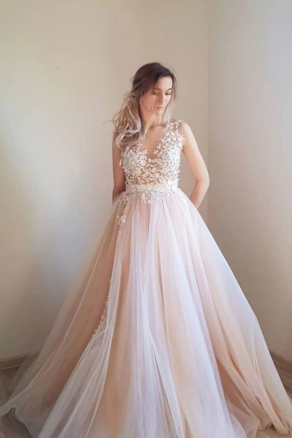 A Line Round Neck Pink Long Prom Dress with Appliques