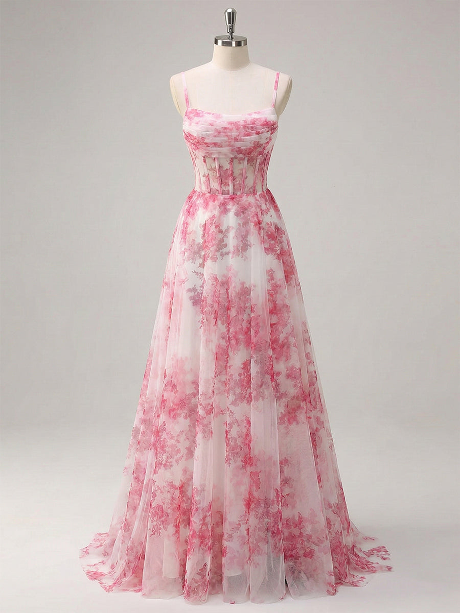 Pink Floral Corset Tulle Long Prom Dress with Delicate Spaghetti Straps