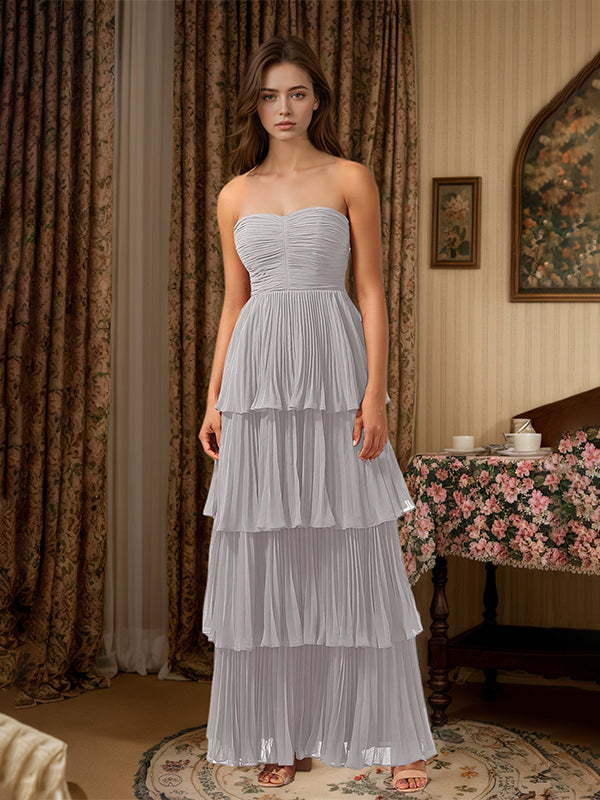 Burgundy A-Line Sweetheart Floor-Length Tiered Chiffon Bridesmaid Dress