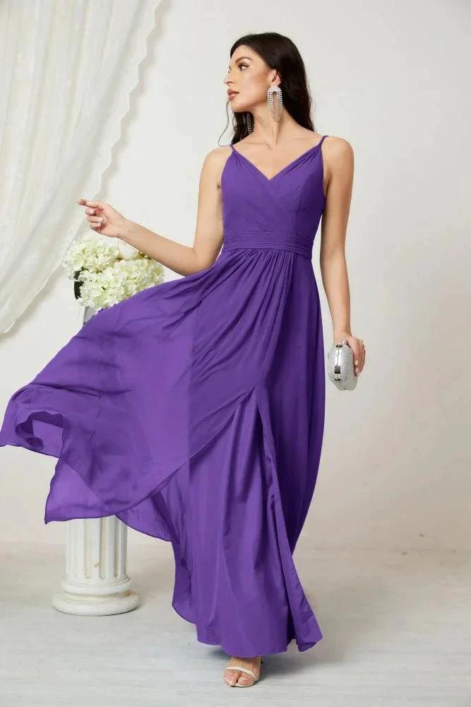 Numbersea Chiffon V-Neck Bridesmaid Dress Spaghetti Strap Long Formal Party Prom Gowns with Slit 28010 by numbersea