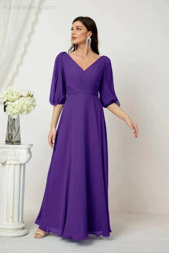 ZapDress  Formal Prom Gown Women V-Neck Chiffon Bridesmaid Dresses Long Bishop Sleeve Party Dress 2807 (ZD17027)
