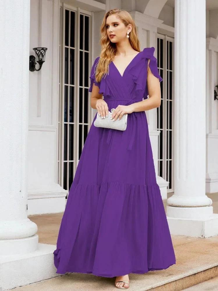 Numbersea Women's Open Back Formal Evening Party Prom Gowns V-Neck Long Chiffon Bridesmaid Dresses with Waist Belt 28038 by numbersea