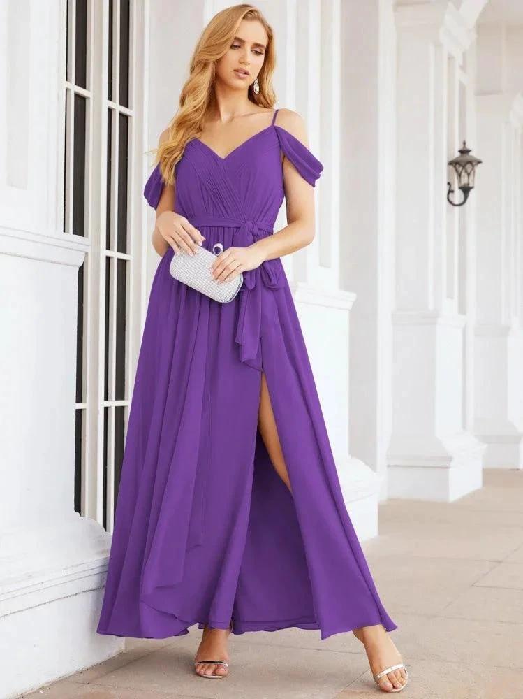 Numbersea Off The Shoulder Chiffon Bridesmaid Dress Long Formal Graduation Gown with Cowl Back 28069 by numbersea