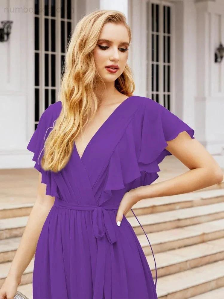 ZapDress Women's Open Back Formal Evening Party Prom Gowns V-Neck Long Chiffon Bridesmaid Dresses with Waist Belt 28038 (ZD17000)