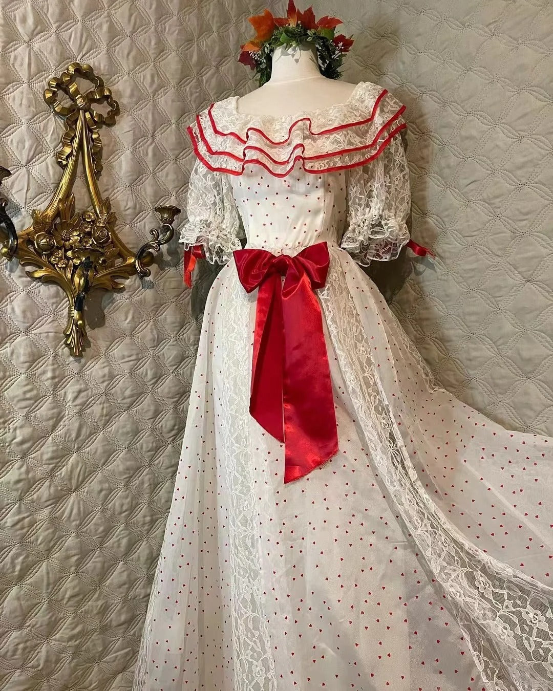 Retro White And Red Color-Blocked Ruffled Collar Polka Dot Bow Lace A-line Long Prom Dress Evening Dress