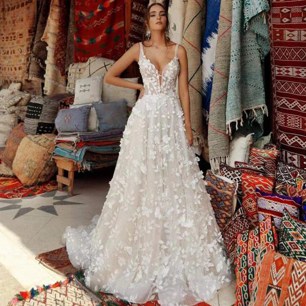 Exquisite 3D Flowers Appliques Wedding Dresses V-neck Backless Wedding Gown Vestido De Noiva Customer Made by payinti