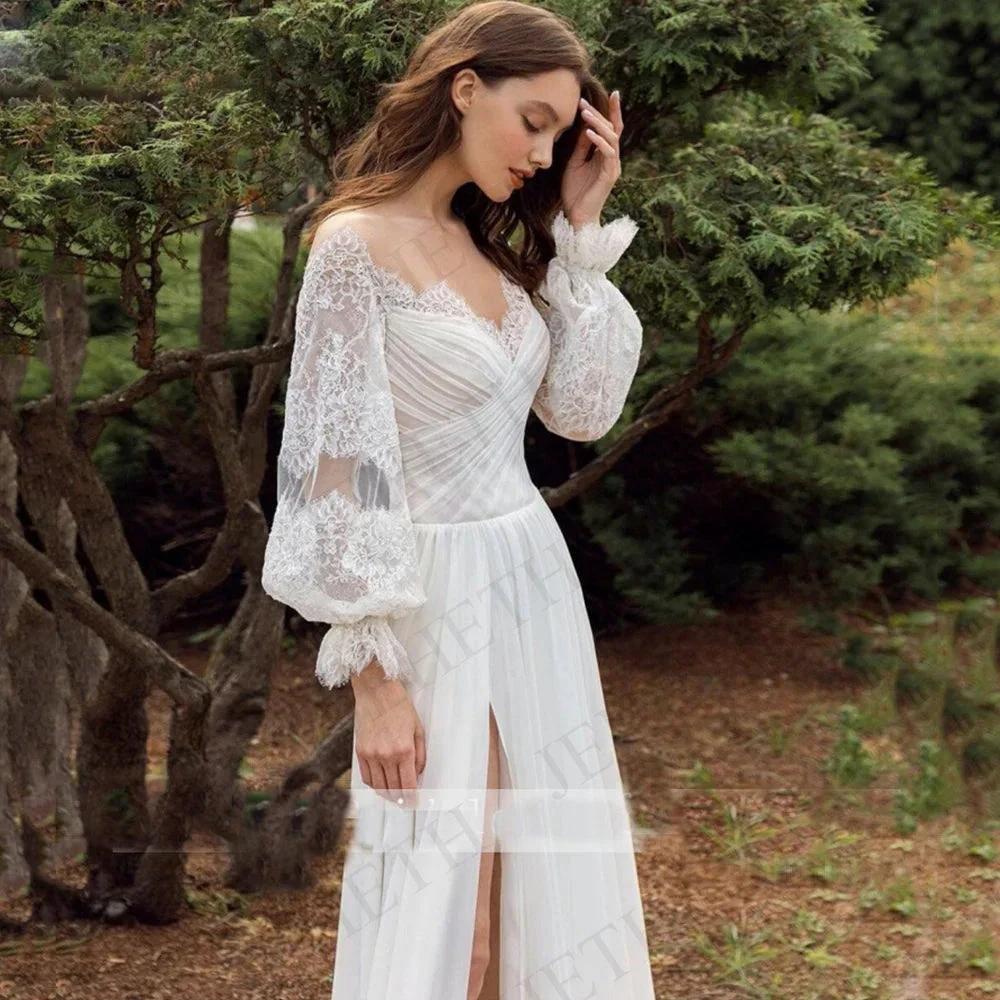Wedding Dresses Boho Beach Lace Long Sleeves Split Vestidos De Novia Elegant Bohemian Bridal Gown Chiffon Illusion O Neck (ZD13324) - View 3 | VelvetHem
