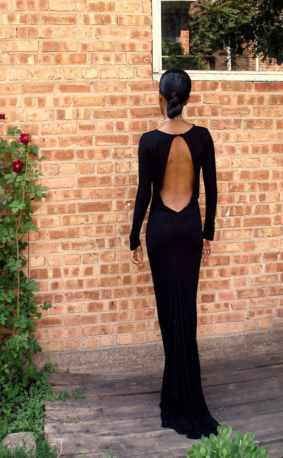 Black Backless Full Length Gown, Black Prom Dress, Black Formal Dress, Long Sleeves Prom Gown, Black Evening Dress
