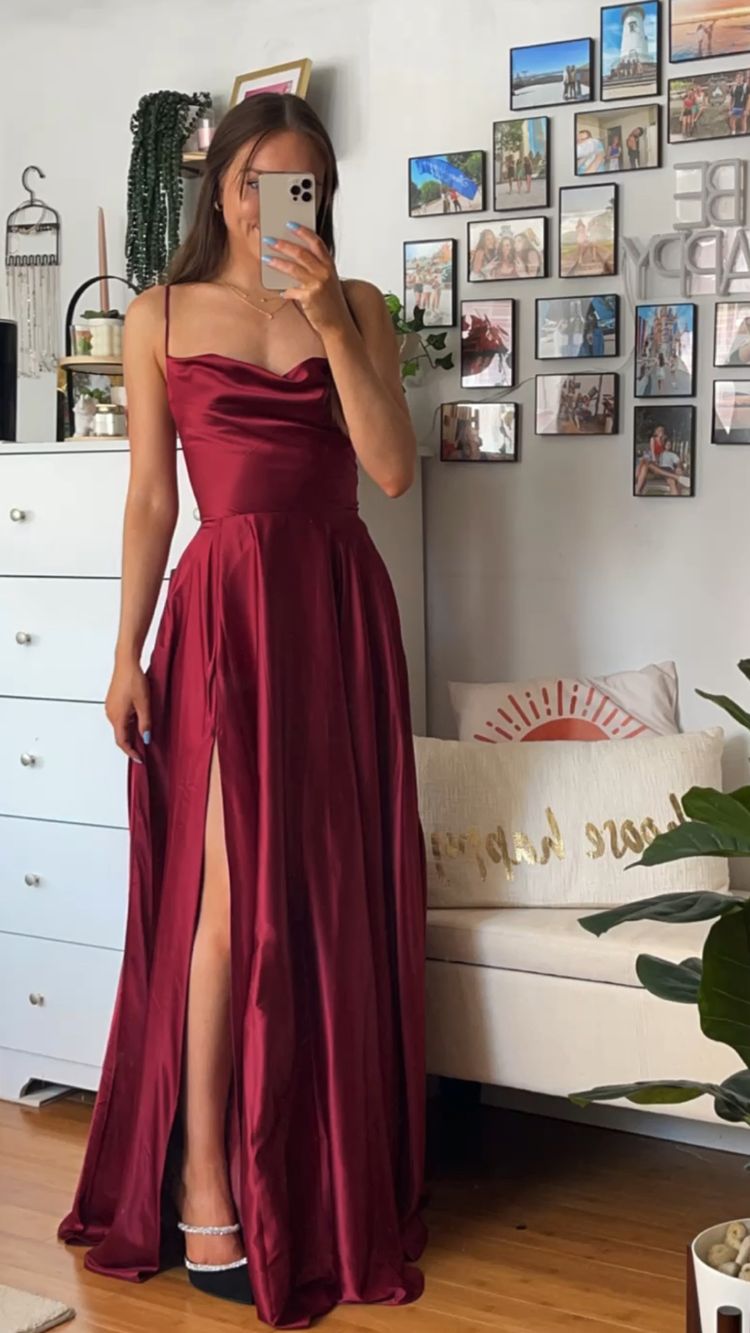 Spaghetti Straps Burgundy Simple Prom Dress Elegant Prom Dress With Split