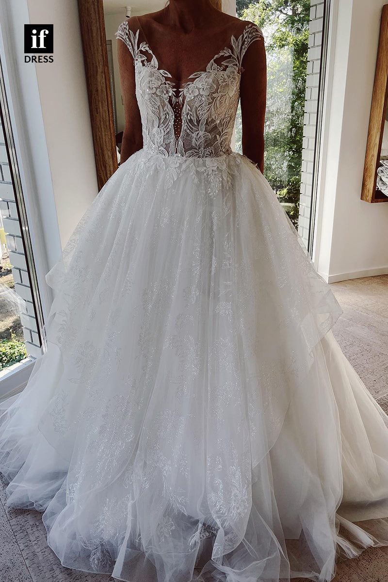 31675 - Illusion Neckline Lace Appliques A Line Rustic Wedding Dress