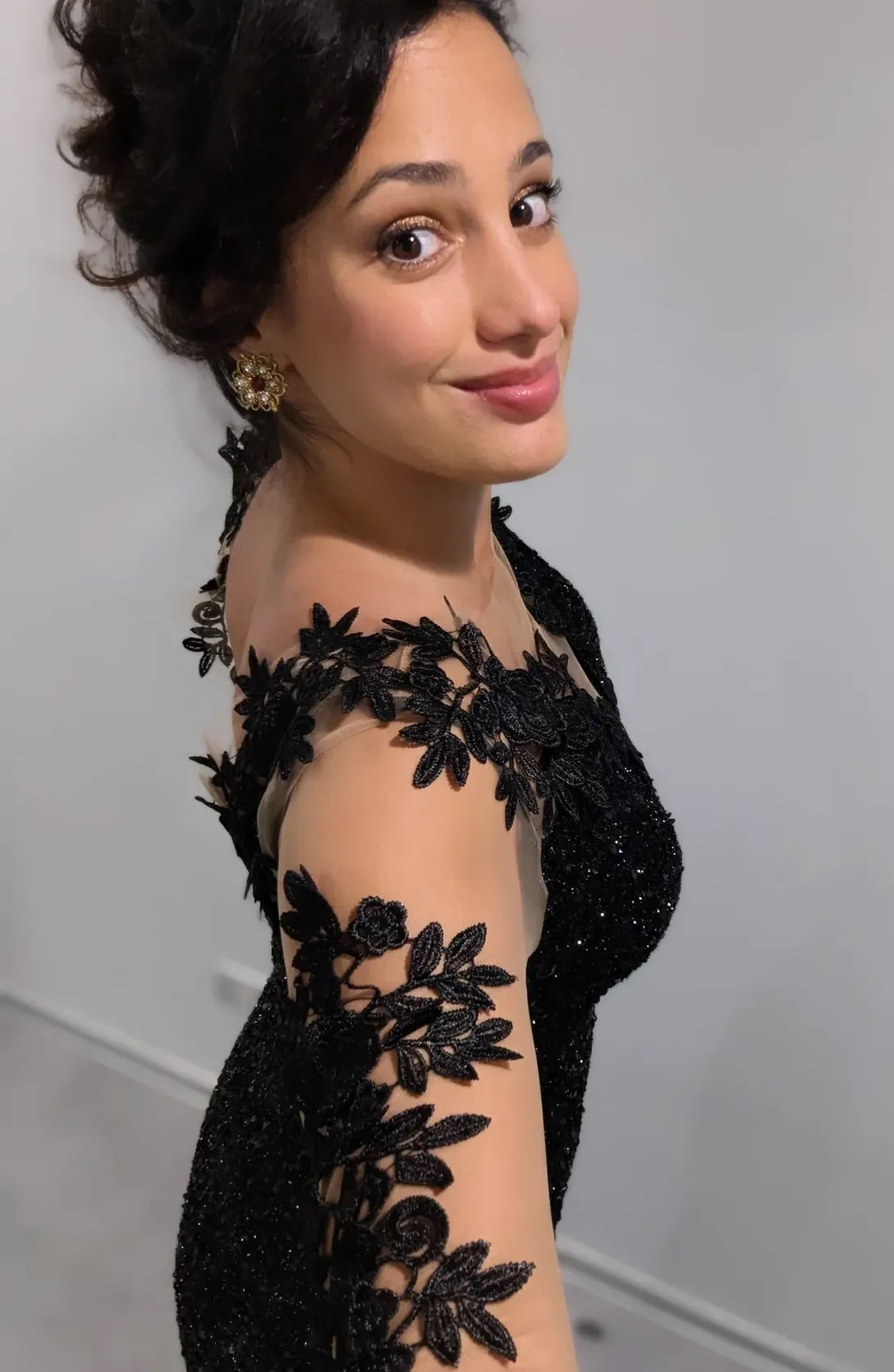 Black Mermaid Sparkling Evening Dress Applique Sleeves Prom Dress