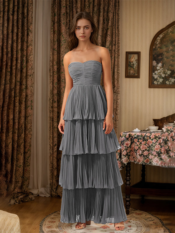 Burgundy A-Line Sweetheart Floor-Length Tiered Chiffon Bridesmaid Dress