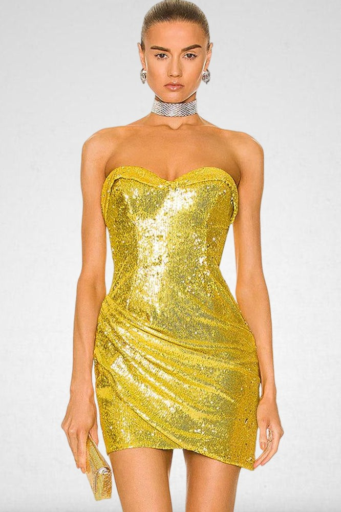 Slim Backless Sequin Strapless Ruched Sequin Dress - VelvetHem