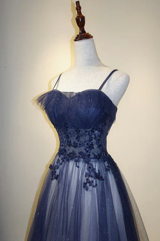 Navy Blue Gradient A-Line Tulle Long Formal Dress J8382