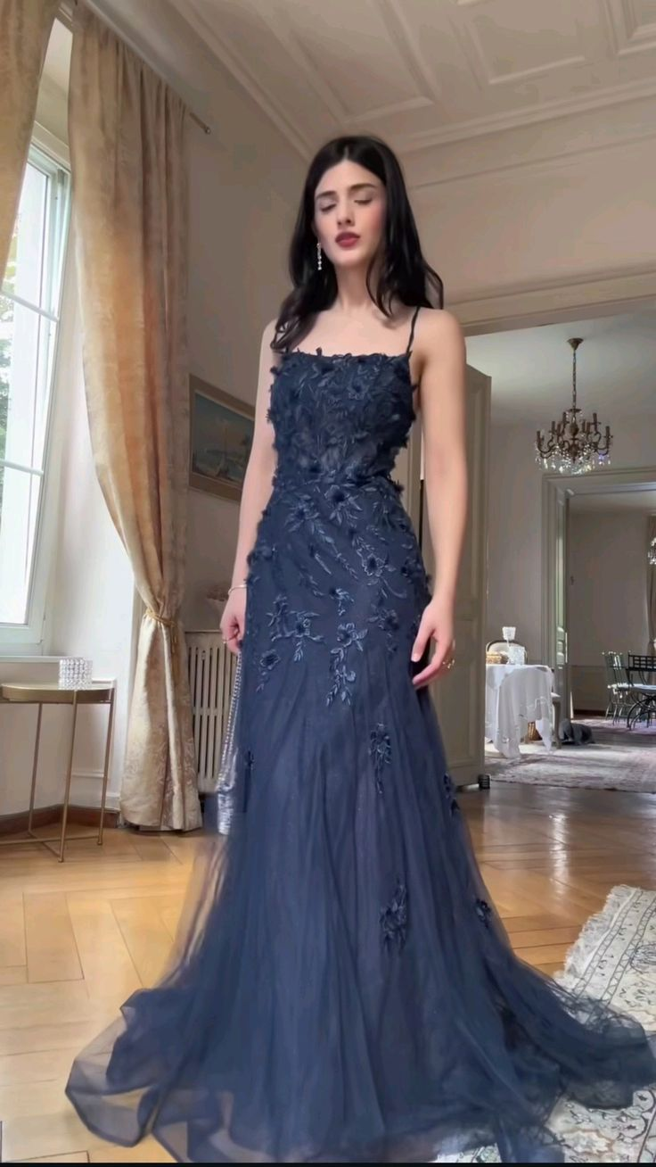 Navy Blue Tulle Evening Dresses Mermaid Long Prom Party Gown