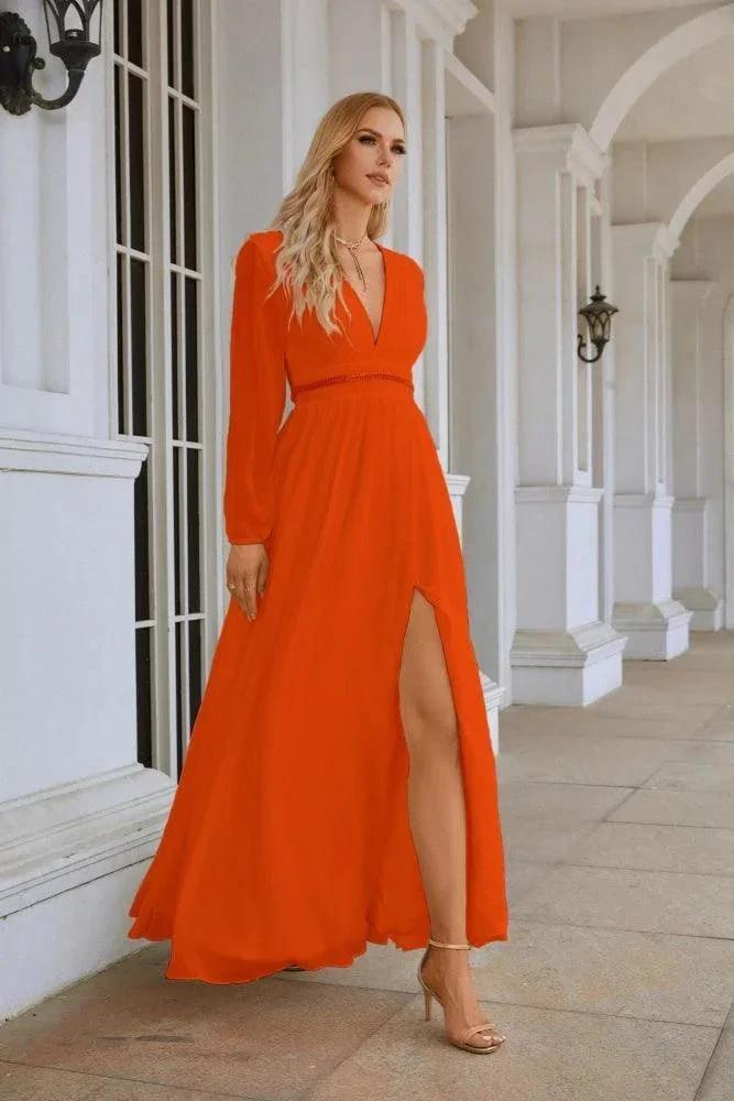 Ladies V Neck Chiffon Long Sleeve Front Slit Bridesmaid Evening Dress Wedding Party Shopping Evening Dress 28109 by numbersea