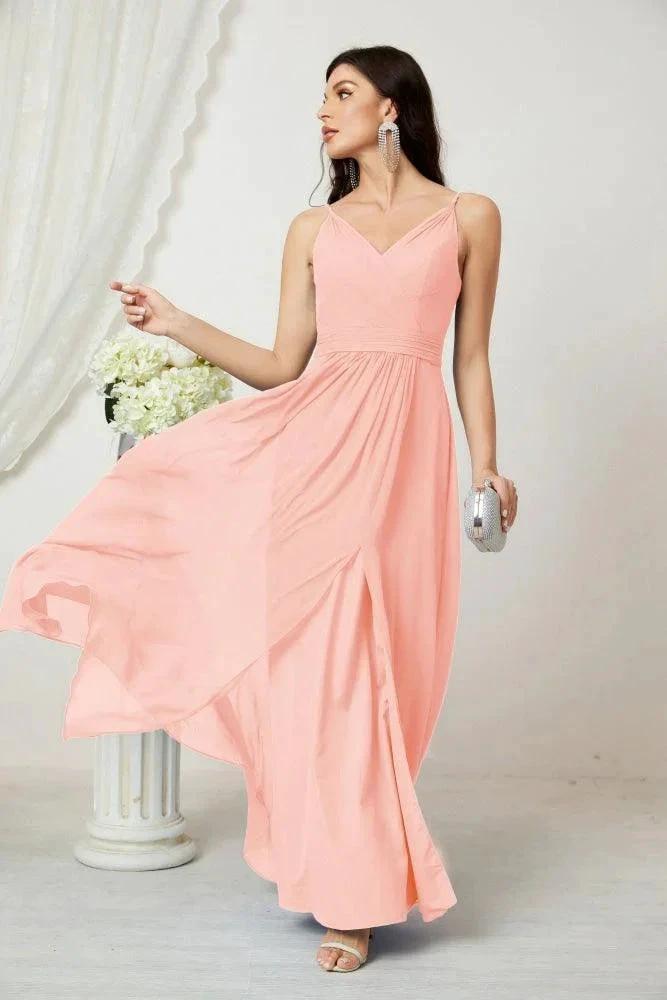 Numbersea Chiffon V-Neck Bridesmaid Dress Spaghetti Strap Long Formal Party Prom Gowns with Slit 28010 by numbersea