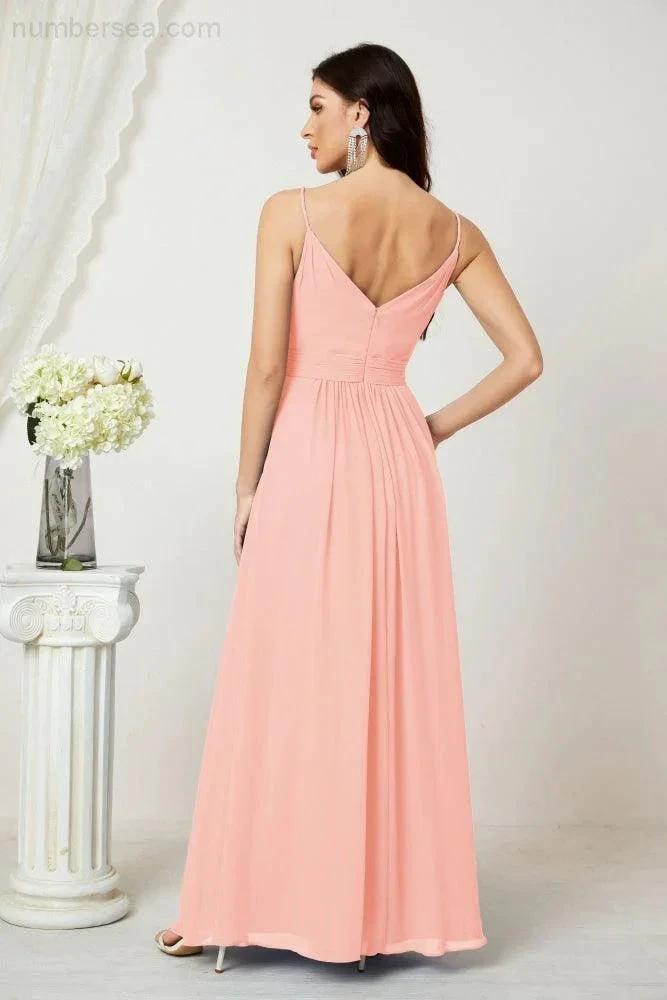 ZapDress Chiffon V-Neck Bridesmaid Dress Spaghetti Strap Long Formal Party Prom Gowns with Slit 28010 (ZD17028)