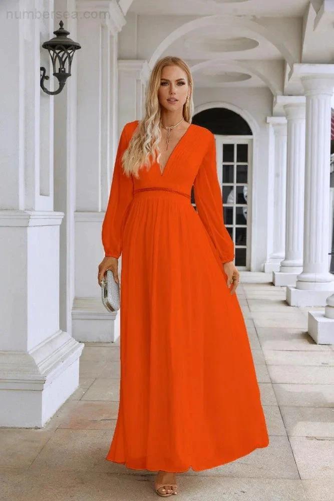 Ladies V Neck Chiffon Long Sleeve Front Slit Bridesmaid Evening Dress Wedding Party Shopping Evening Dress 28109 (ZD16991)