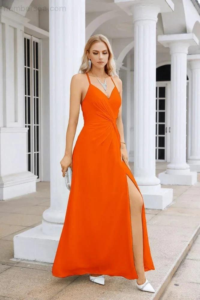 Ladies Chiffon Spaghetti Strap V Neck Front Slit Floor Length Bridesmaid Evening Dress Prom Party Wedding Evening Dress 28116 (ZD17012)