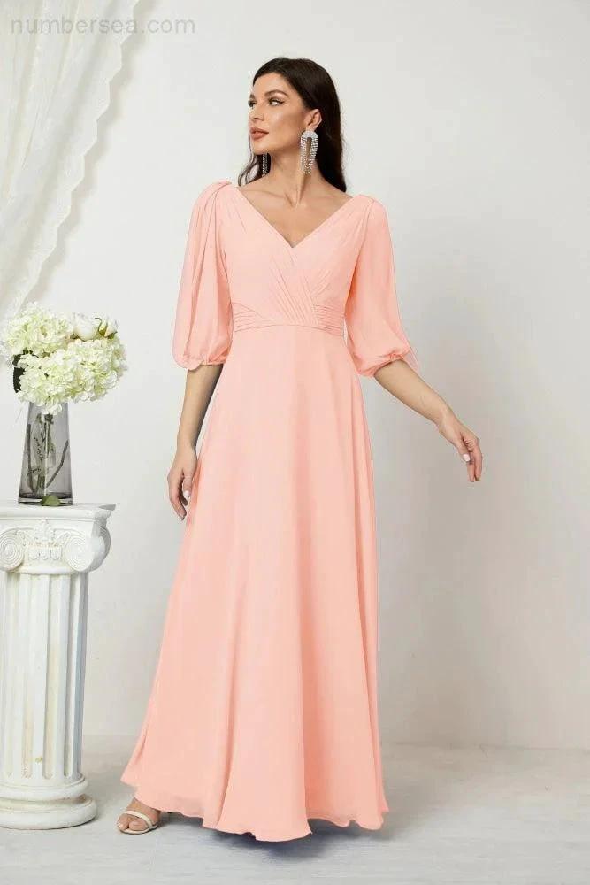 ZapDress  Formal Prom Gown Women V-Neck Chiffon Bridesmaid Dresses Long Bishop Sleeve Party Dress 2807 (ZD17027)