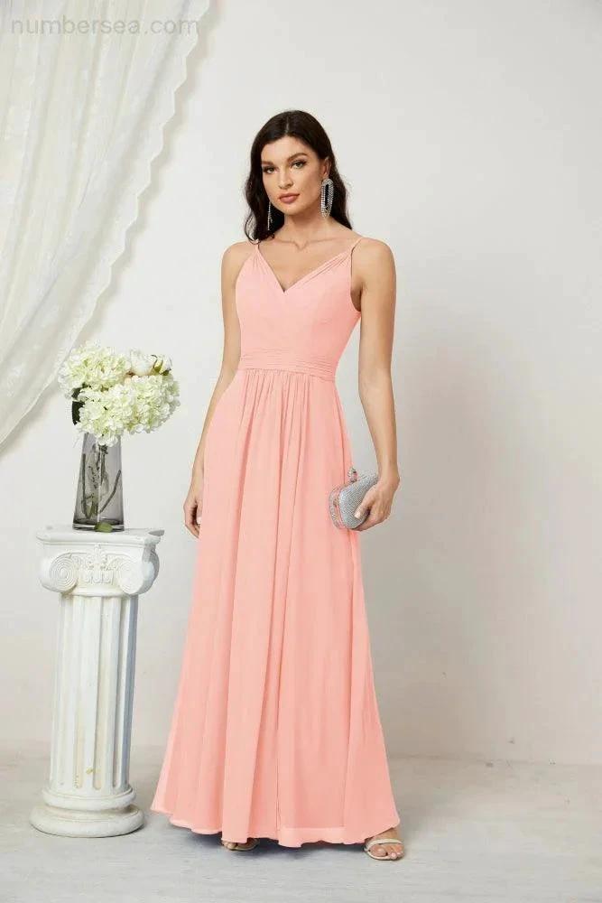 ZapDress Chiffon V-Neck Bridesmaid Dress Spaghetti Strap Long Formal Party Prom Gowns with Slit 28010 (ZD17028)