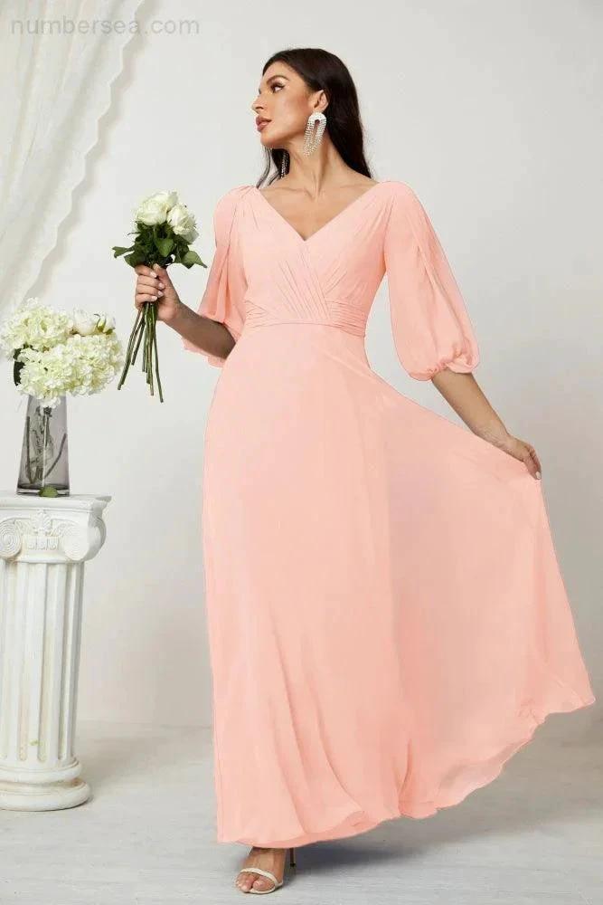 ZapDress  Formal Prom Gown Women V-Neck Chiffon Bridesmaid Dresses Long Bishop Sleeve Party Dress 2807 (ZD17027)