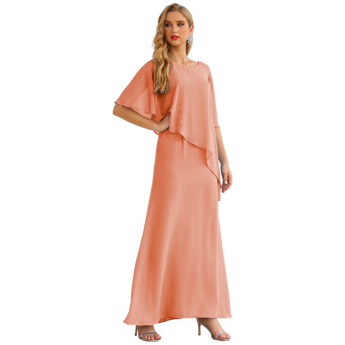 Sunnderly Chiffon Plus Size Mother of The Bride Dresses Formal Prom Gown Ruffle Cape