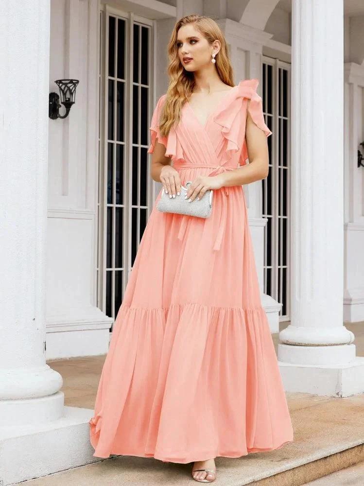 Numbersea Women's Open Back Formal Evening Party Prom Gowns V-Neck Long Chiffon Bridesmaid Dresses with Waist Belt 28038 by numbersea