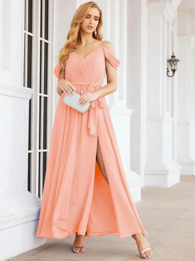 Numbersea Off The Shoulder Chiffon Bridesmaid Dress Long Formal Graduation Gown with Cowl Back 28069 by numbersea