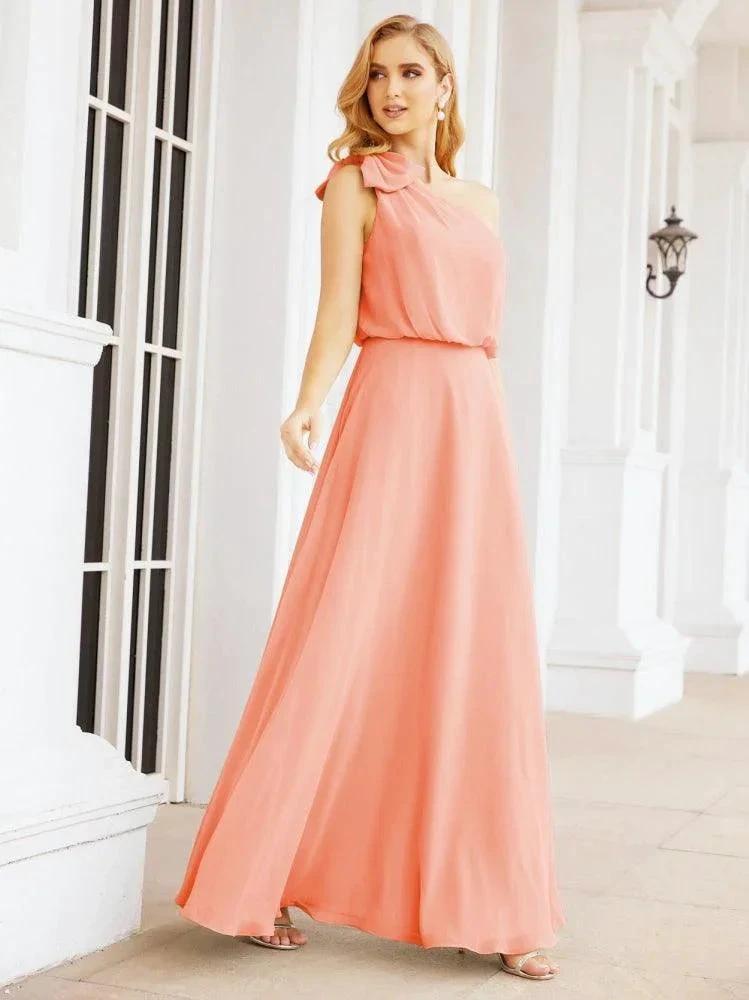 Numbersea Chiffon Ruffled One Shoulder Sleeveless Long Bride Dresses A-line Formal Evening Gown Side Split 28057 by numbersea