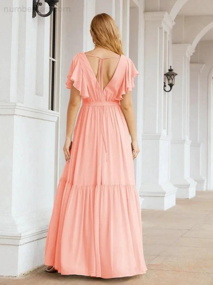 ZapDress Women's Open Back Formal Evening Party Prom Gowns V-Neck Long Chiffon Bridesmaid Dresses with Waist Belt 28038 (ZD17000)