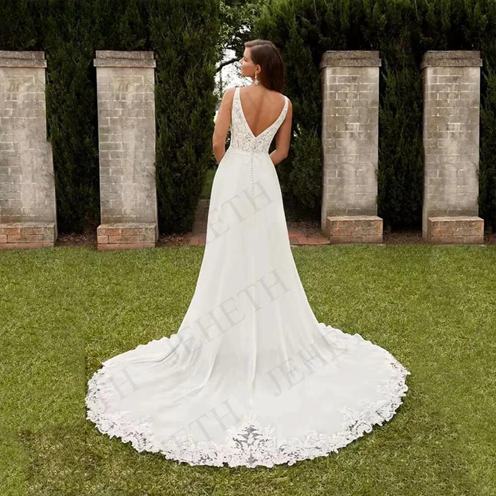 Wedding Dresses Vintage A Line Boho Lace V Neck Split Sleeveless Bridal Gown Vestidos De Novia Backless Appliques Women (ZD13403)
