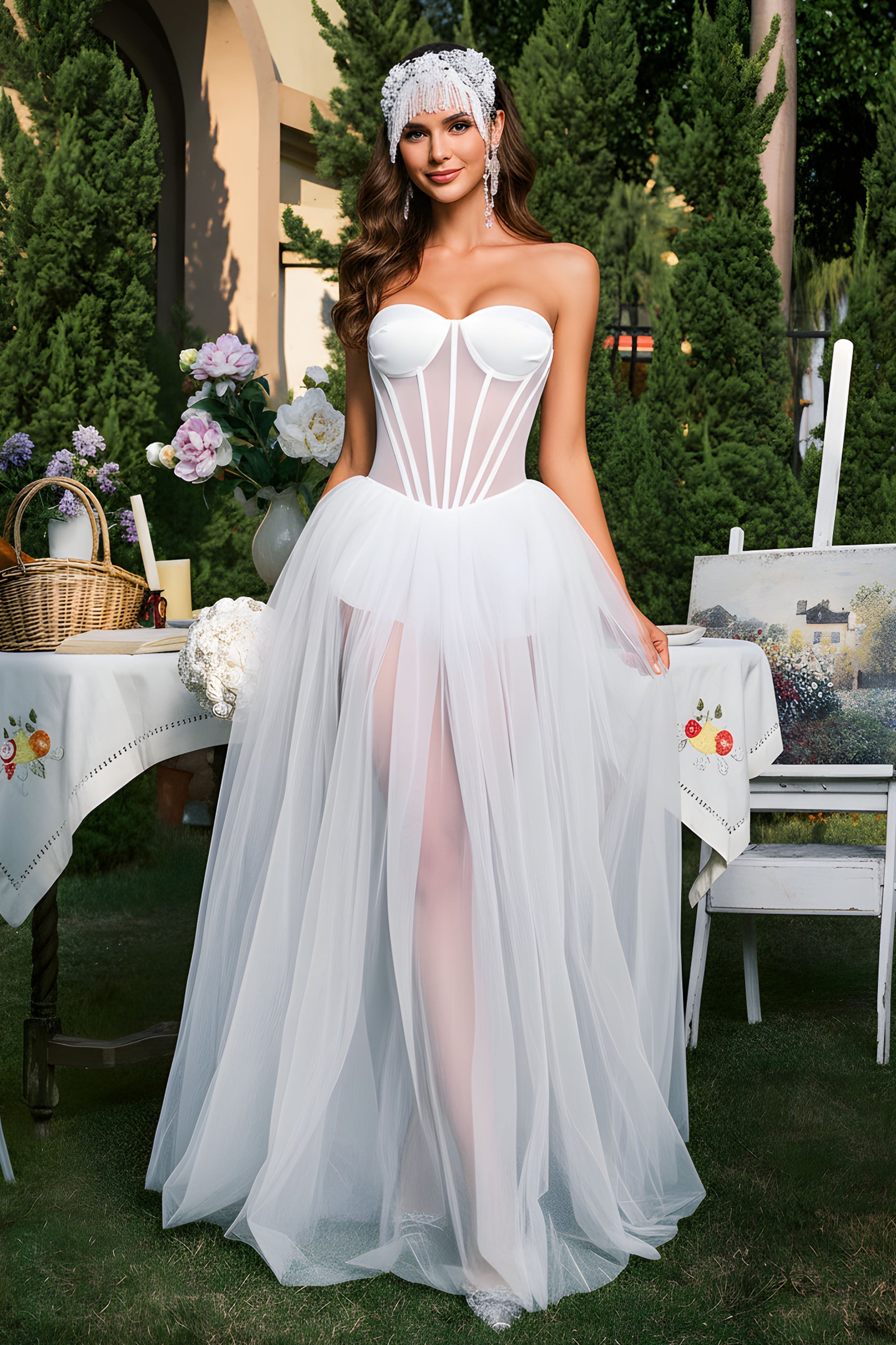 Strapless Sheer Tulle Corset Overlay Maxi Evening Dress