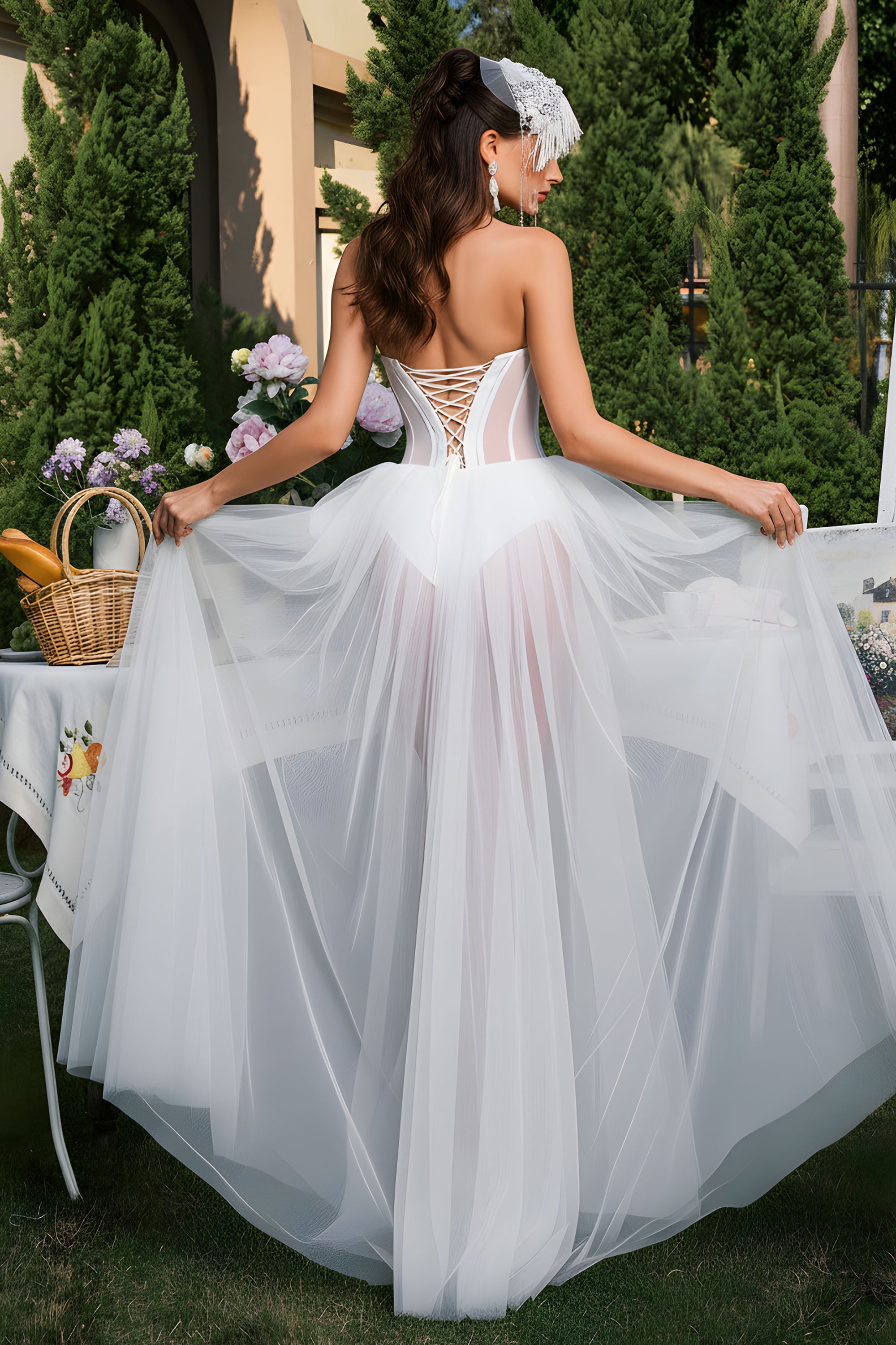Strapless Sheer Tulle Corset Overlay Maxi Evening Dress