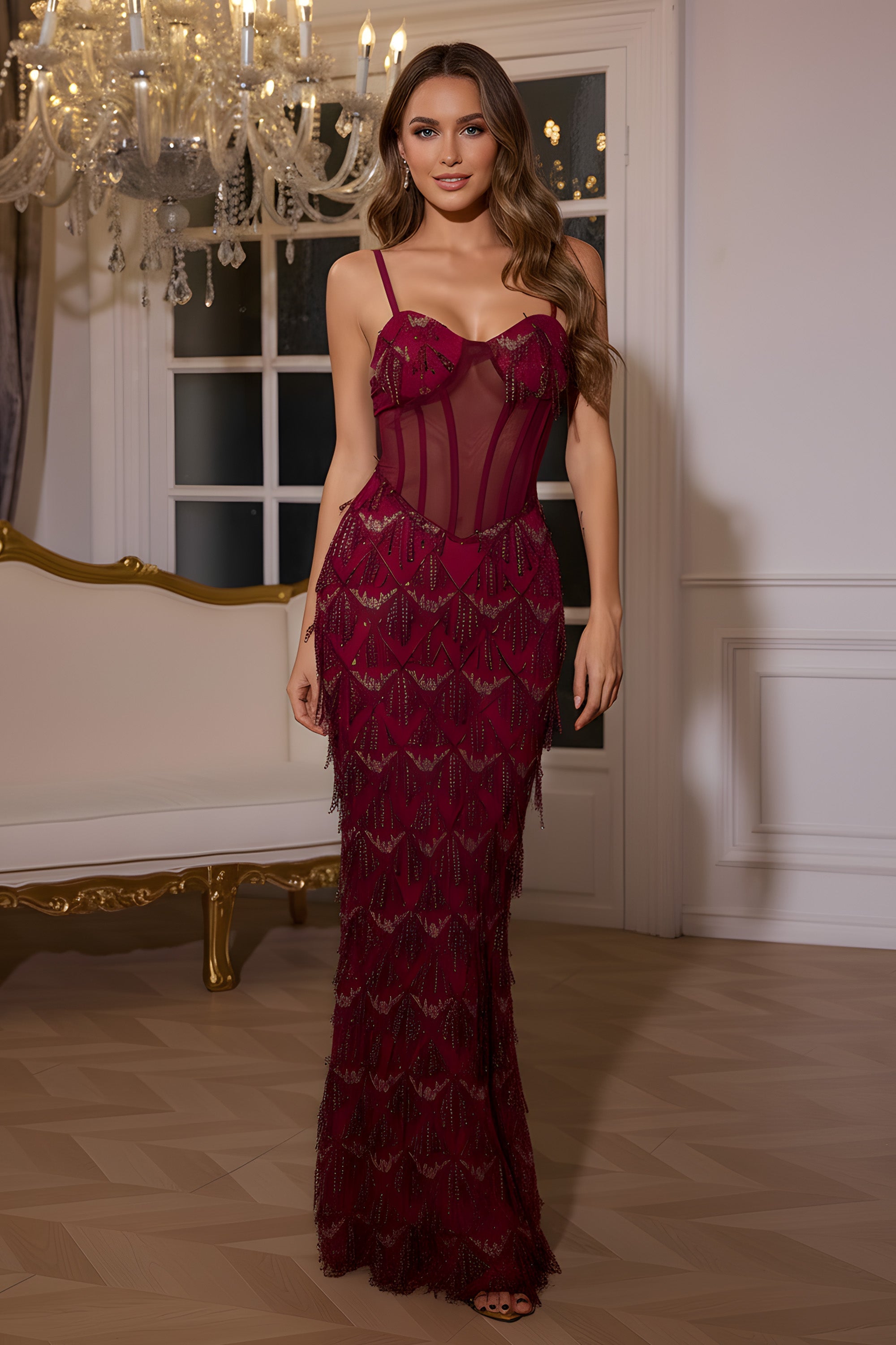 Spaghetti Strap Sheer Corset Beaded Fringe Evening Gown