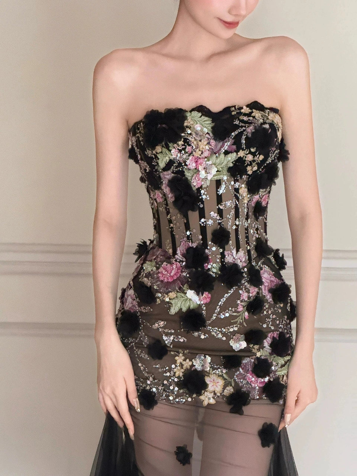 Black Long Prom Dress With Flowers Formal Evening Party Dress Birthday Outfit - View 4 | VelvetHem